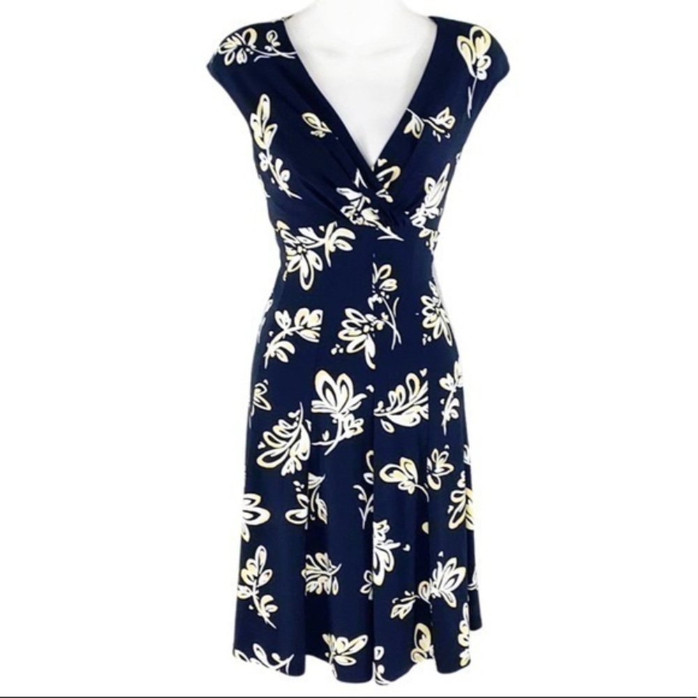 Ralph Lauren navy yellow white floral jersey dress D30